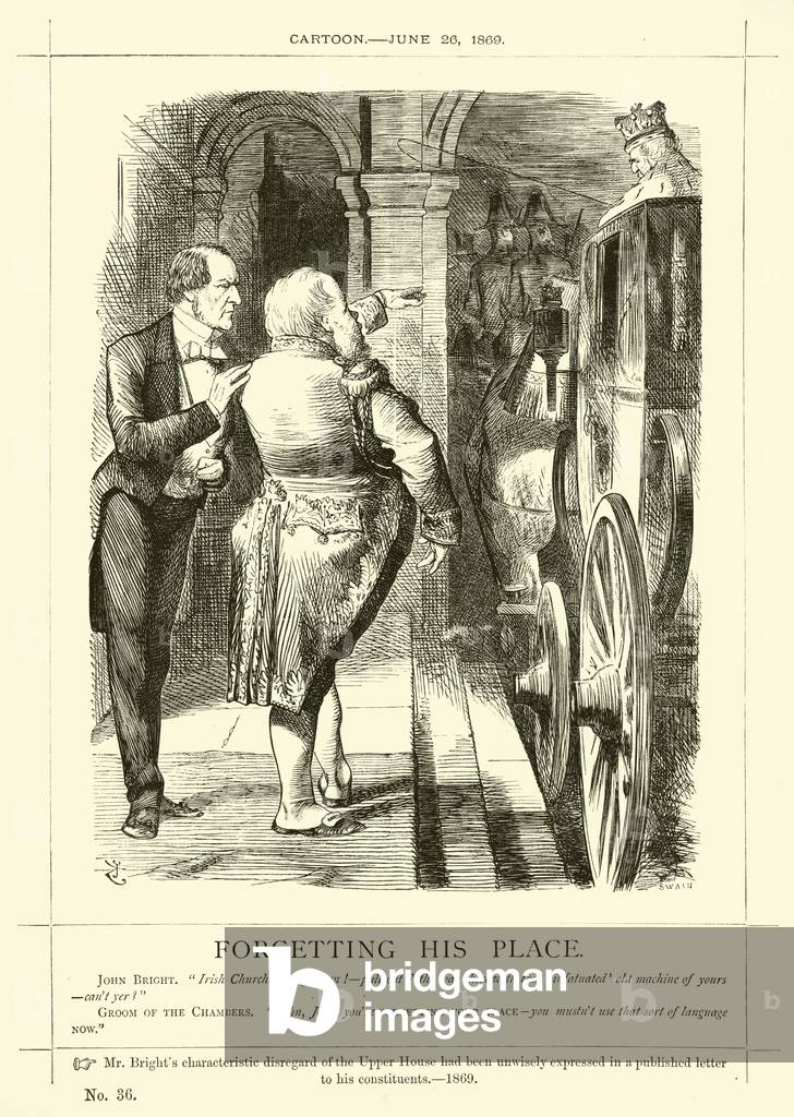 Punch cartoon regarding John Bright: Forgetting His Place, 26 June 1869 (engraving)
