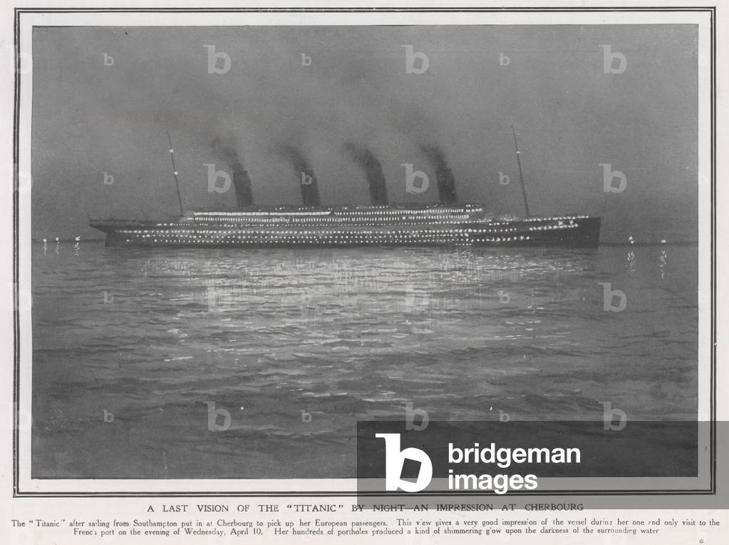 A last vision of the Titanic at night, an impression at Cherbourg (litho)