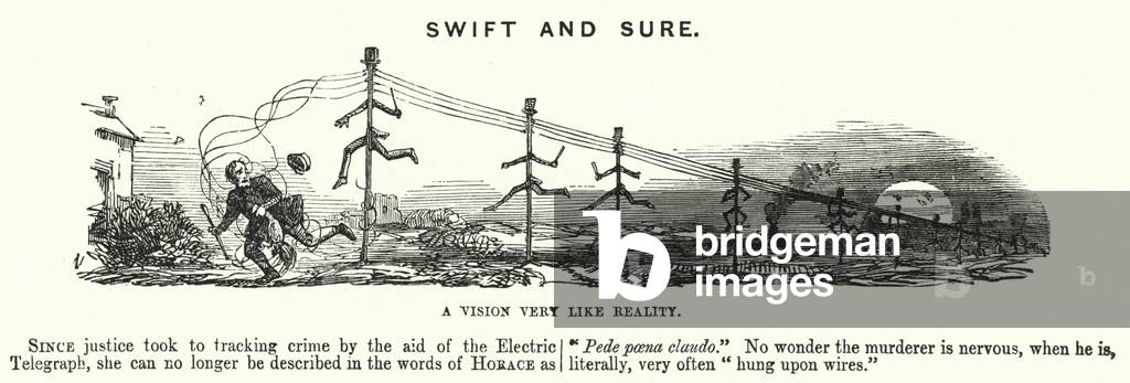 Punch cartoon: Swift and Sure - the use of electric telegraphy in tracking crime (engraving)