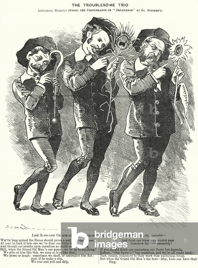 Punch cartoon: The Troublesome Trio: Lord Randolph Churchill, Henry Drummond Wolff and Ellis Ashmead-Bartlett, British Conservative politicians (engraving)