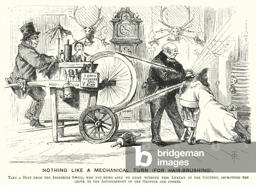 Punch cartoon: Nothing Like a Mechanical Turn (for Hair-Brushing) (engraving)