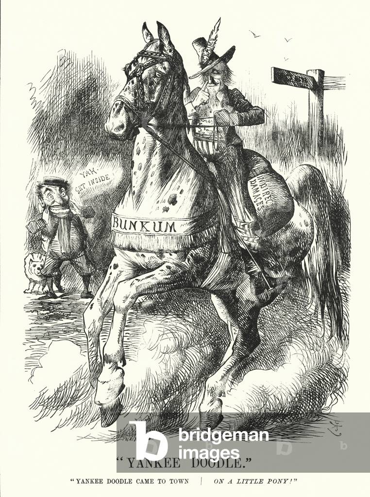 Punch cartoon: Yankee Doodle - the Alabama Claims for damage to commerce made by the United States against Britain after the American Civil War (engraving)