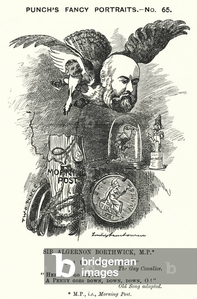 Punch cartoon: Sir Algernon Borthwick, 1st Baron Glenesk, British journalist, newspaper proprietor and Conservative politician (engraving)