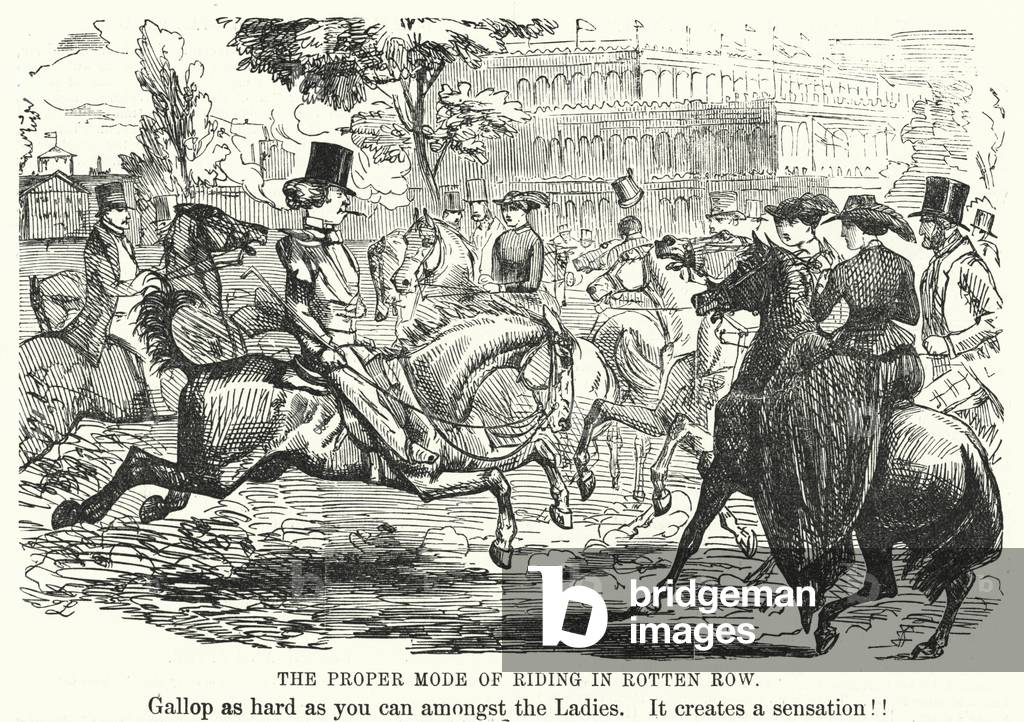 Punch cartoon: Great Exhibition of 1851: The Proper Mode of Riding in Rotten Row (engraving)