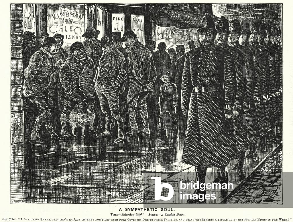 Punch cartoon: A Sympathetic Soul - policing the London slums (engraving)