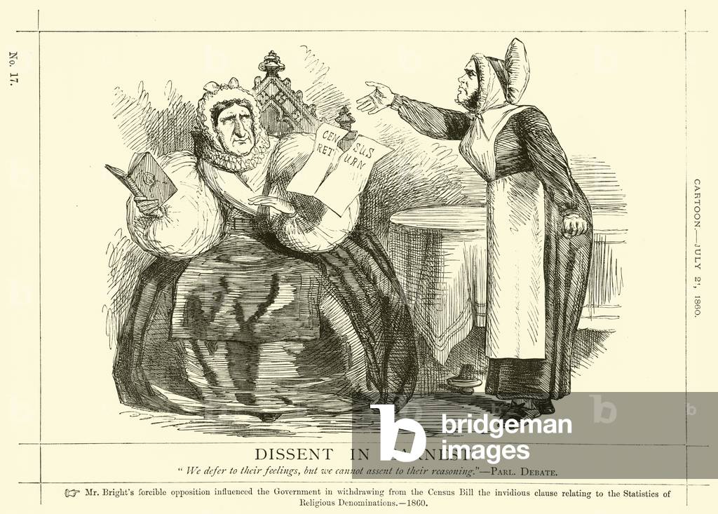 Punch cartoon regarding John Bright: Dissent In Earnest, 21 July 1860 (engraving)