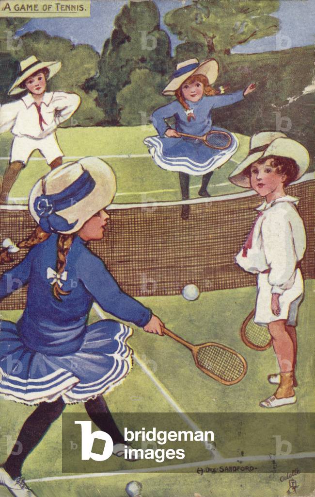 A game of tennis (colour litho)