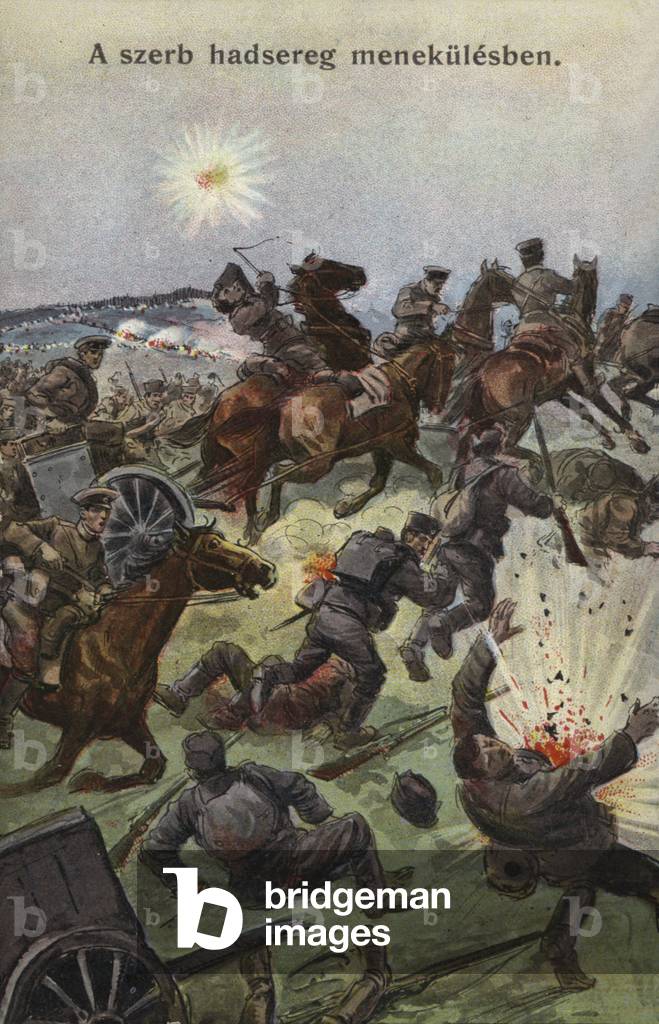 Serbian troops fleeing the Austro-Hungarian Army, World War I, 1914-1918 (colour litho)