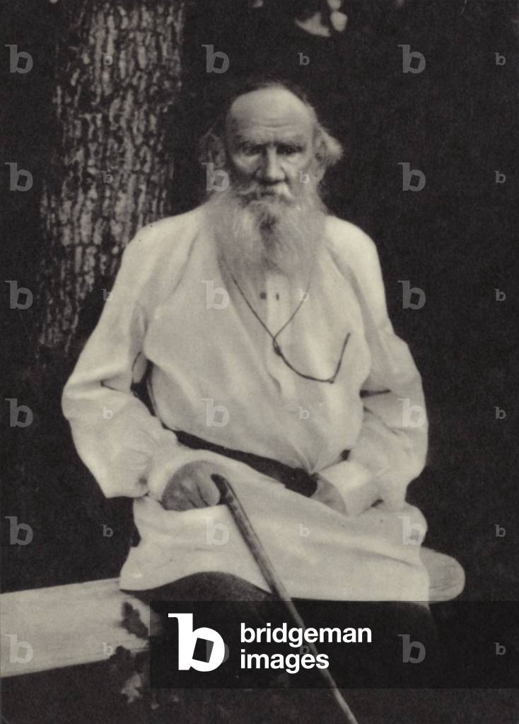 L N Tolstoi, Zatishye village, 1910 (b/w photo)
