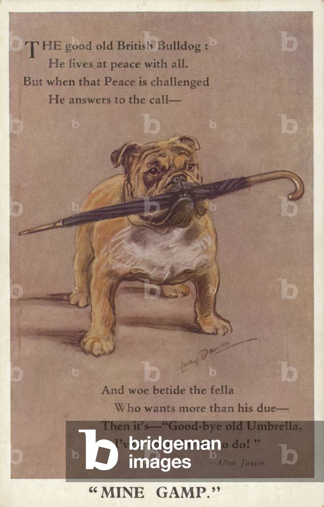 British bulldog with an umbrella in its mouth (colour litho)