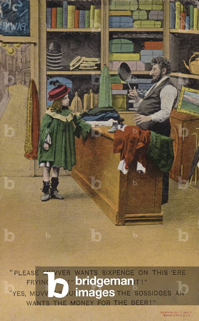 Girl trying to pawn a frying pan to get her mother money to buy beer (colour litho)