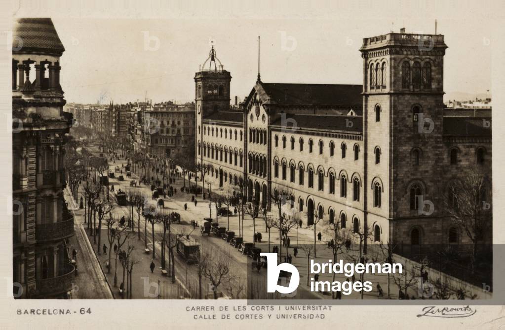 Calle de Cortes and the University, Barcelona, Spain (b/w photo)