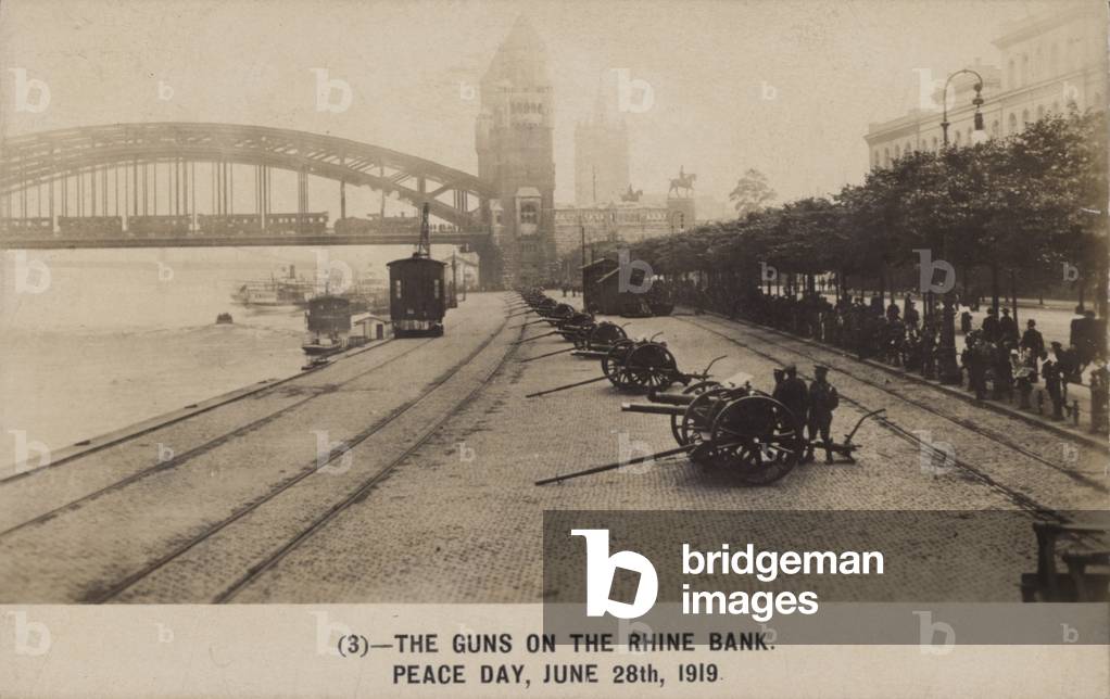 The guns on the Rhine bank on peace day 28th June 1919 (b/w photo)