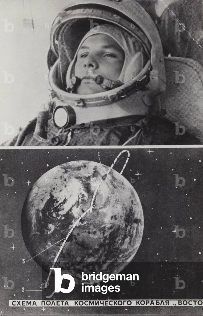 Soviet cosmonaut Yuri Gagarin, the first man in space, 1961 (b/w photo)