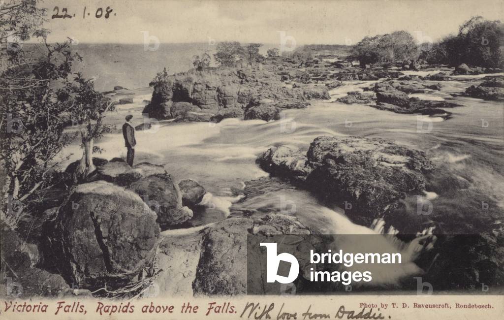 Postcard depicting rapids above Victoria Falls (b/w photo)