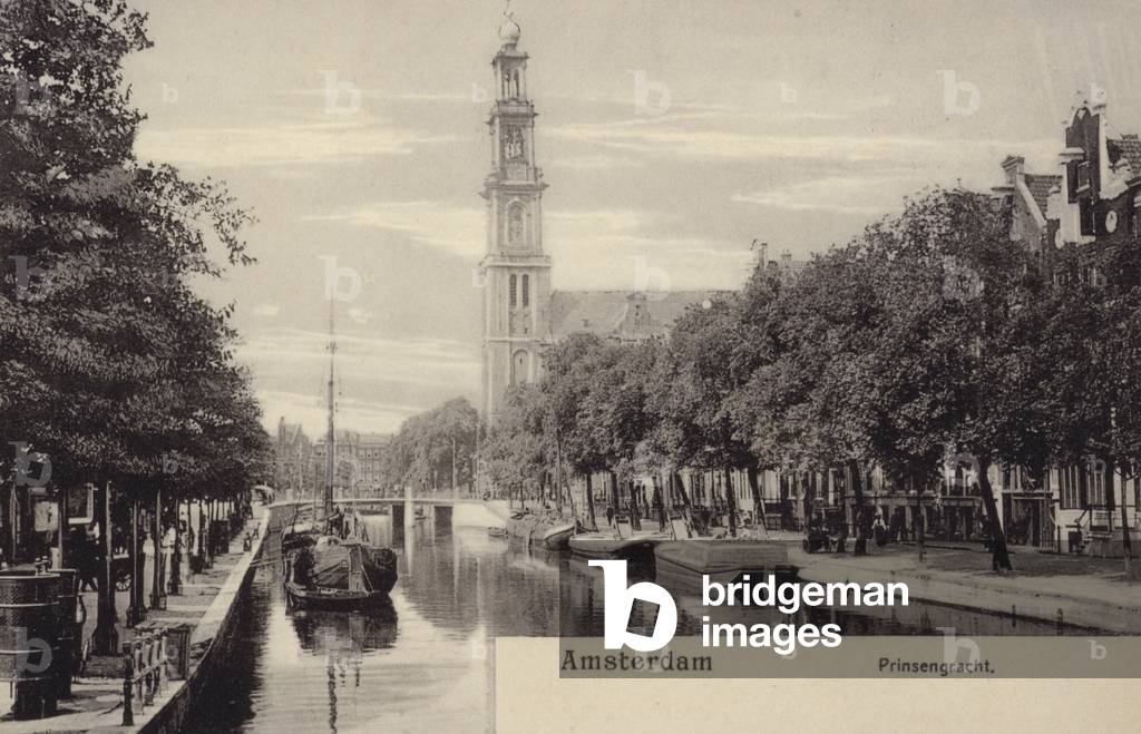 Postcard depicting the Prinsengracht (b/w photo)