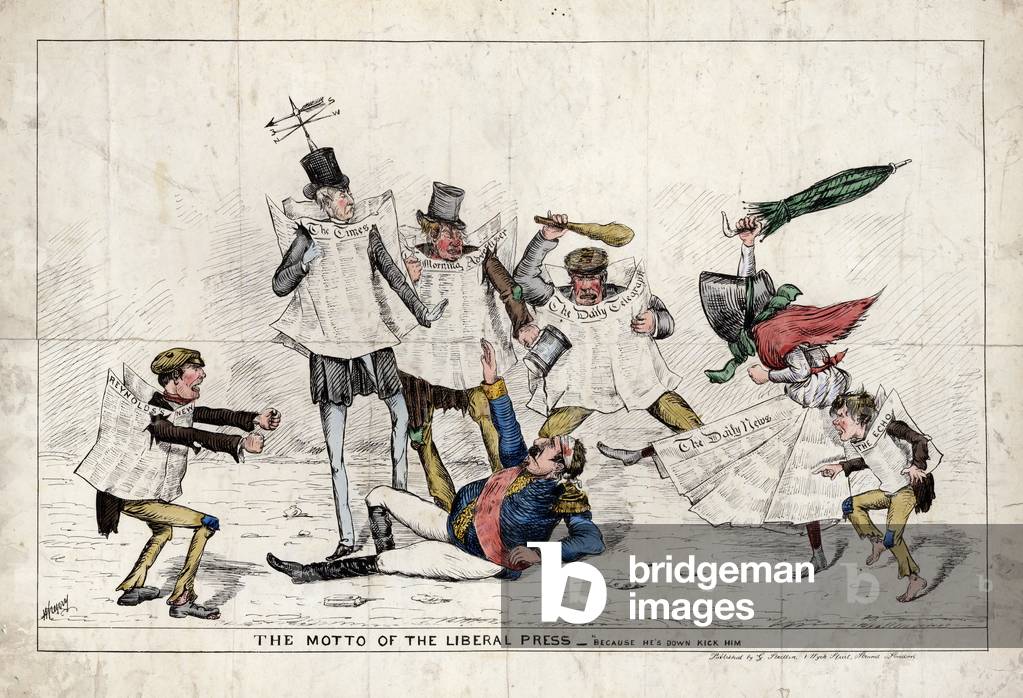 The Motto of the Liberal Press, showing Napoleon III being assaulted by the British press (litho)