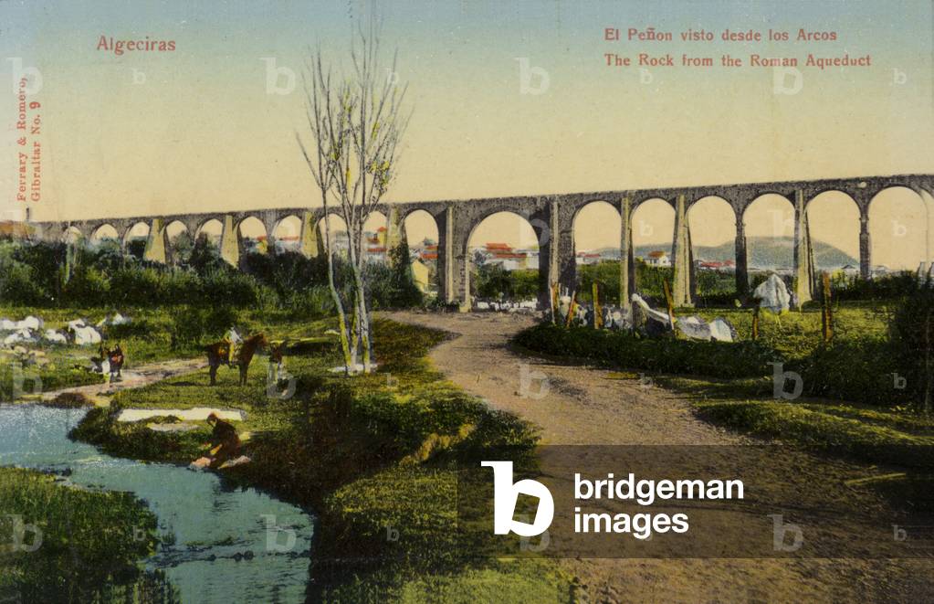 The Rock from the Roman aqueduct, Algeciras, Spain (coloured photo)