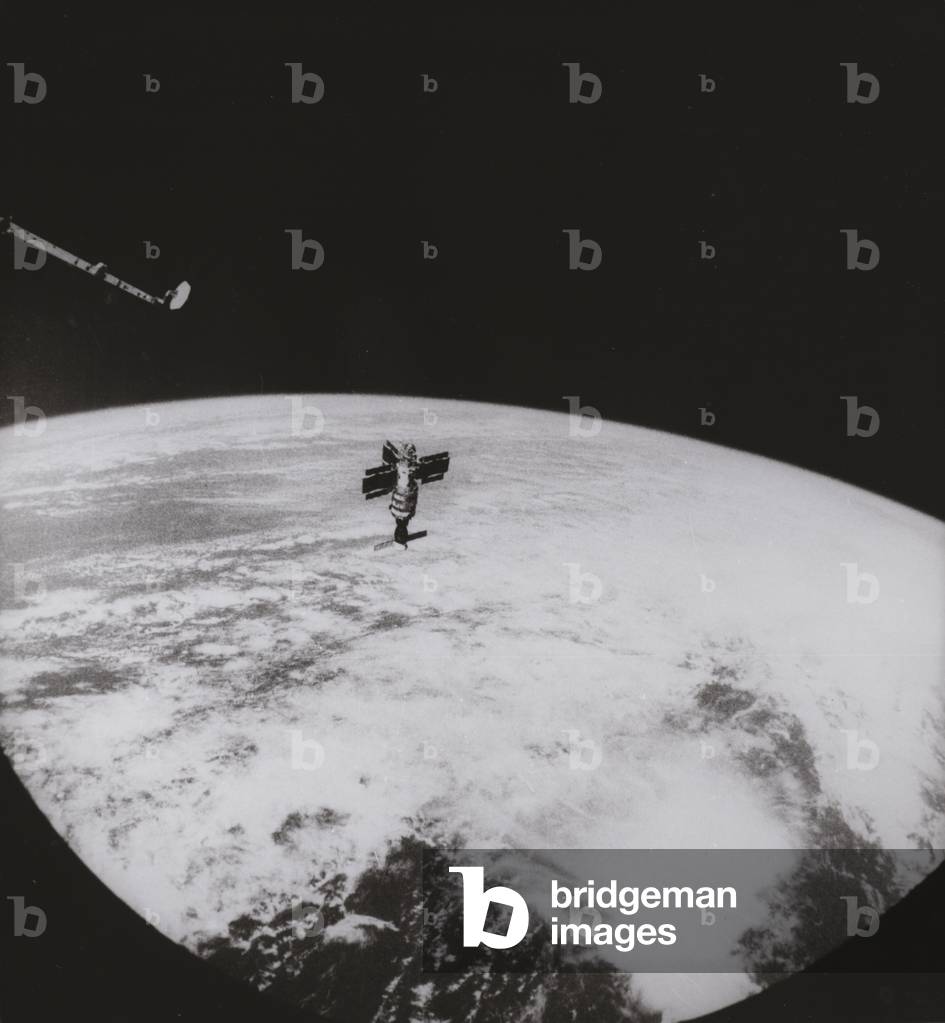 Soviet space station, the site of varied research (b/w photo)