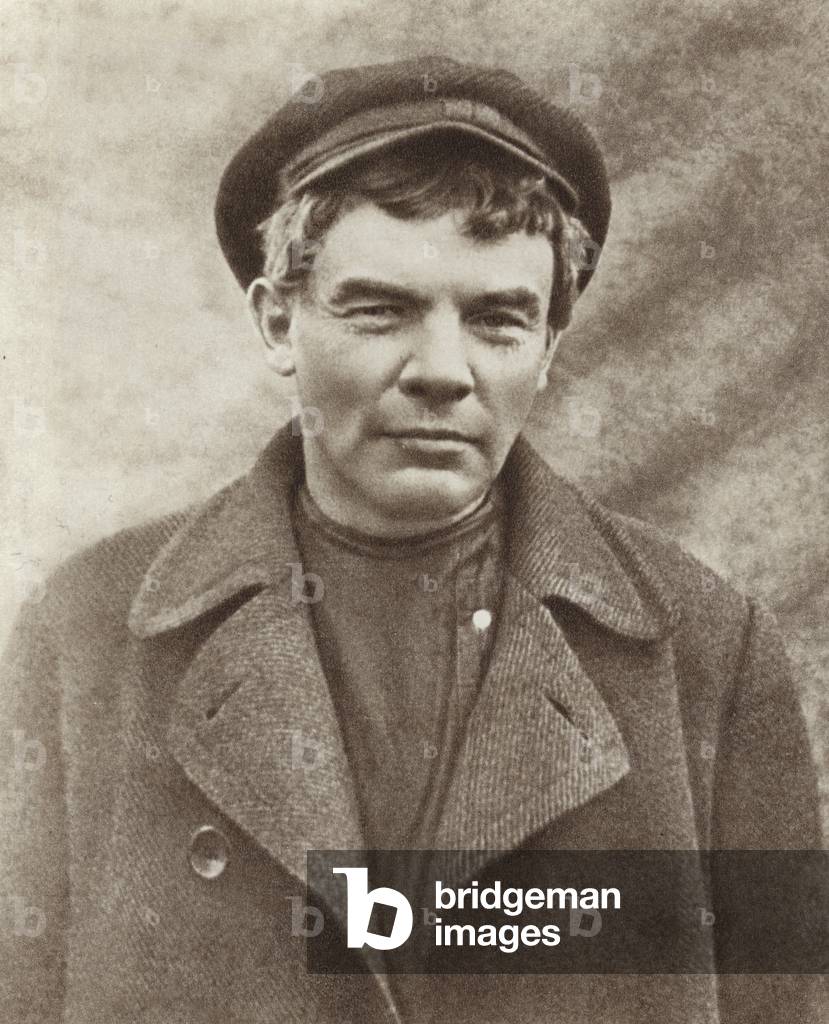 Lenin in disguise, wearing a wig, Razliv Station, August 1917 (b/w photo)