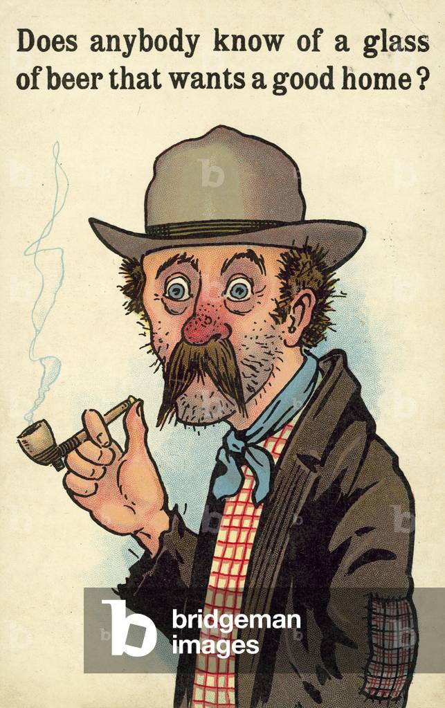 Unshaven man looking for a drink (colour litho)