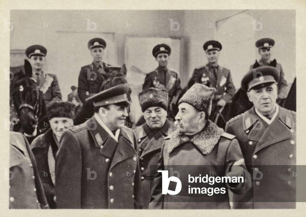 Soviet military commander Marshal Semyon Budyonny at the celebrations for the 50th anniversary of the Soviet Armed Forces, CSKA Horse Arena, Moscow, USSR, 1968 (b/w photo)