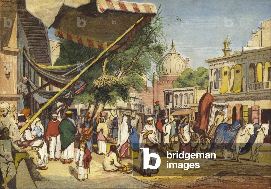 Street at the back of the Jama Masjid, Delhi, India (coloured engraving)