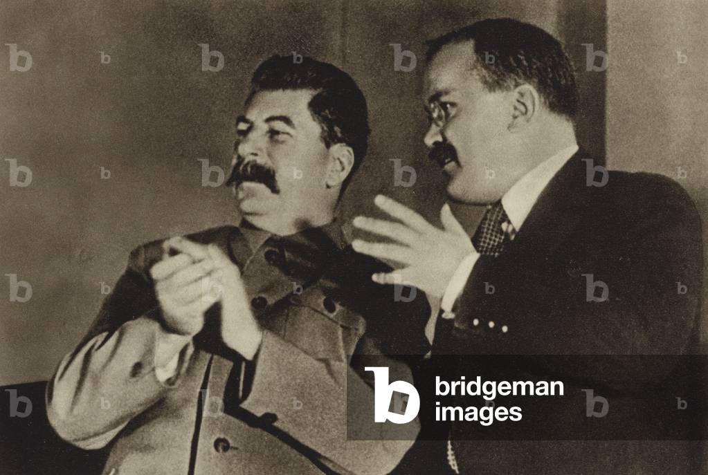 Soviet leader Joseph Stalin and Foreign Minister Vyacheslav Molotov at the 18th Communist Party congress, 1939 (b/w photo)