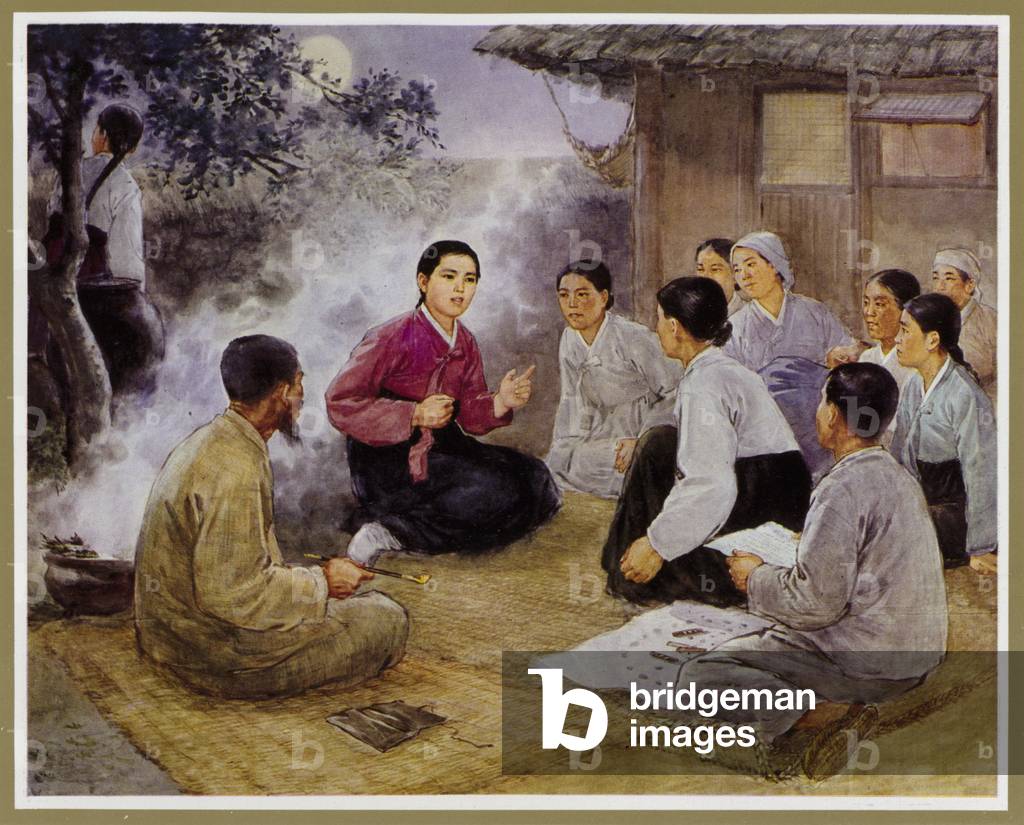 Kim Jong-suk educating the inhabitants of the Baekdu partisan camp with the works of her husband, North Korean communist leader Kim Il-sung, 1930s or 1940s (colour litho)