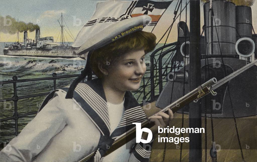 Woman in the uniform of a sailor from the German battleship Braunschweig (colour litho)