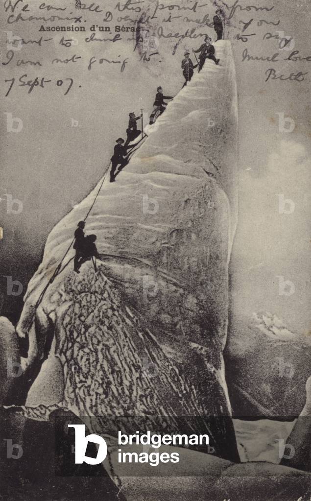 Postcard depicting mountaineers climbing a serac (b/w photo)