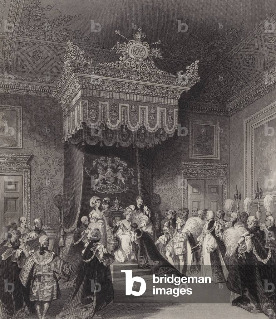 Queen Victoria on the throne, St James's Palace, London (engraving)
