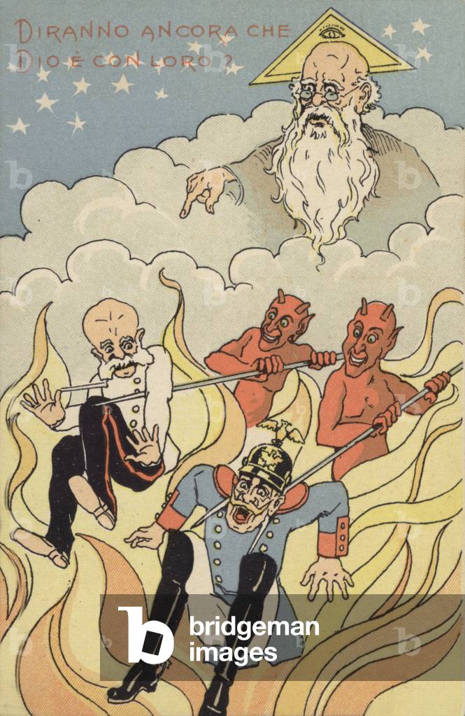 God and devils punishing Kaiser Wilhelm II and Franz Joseph I of Austria (colour litho)