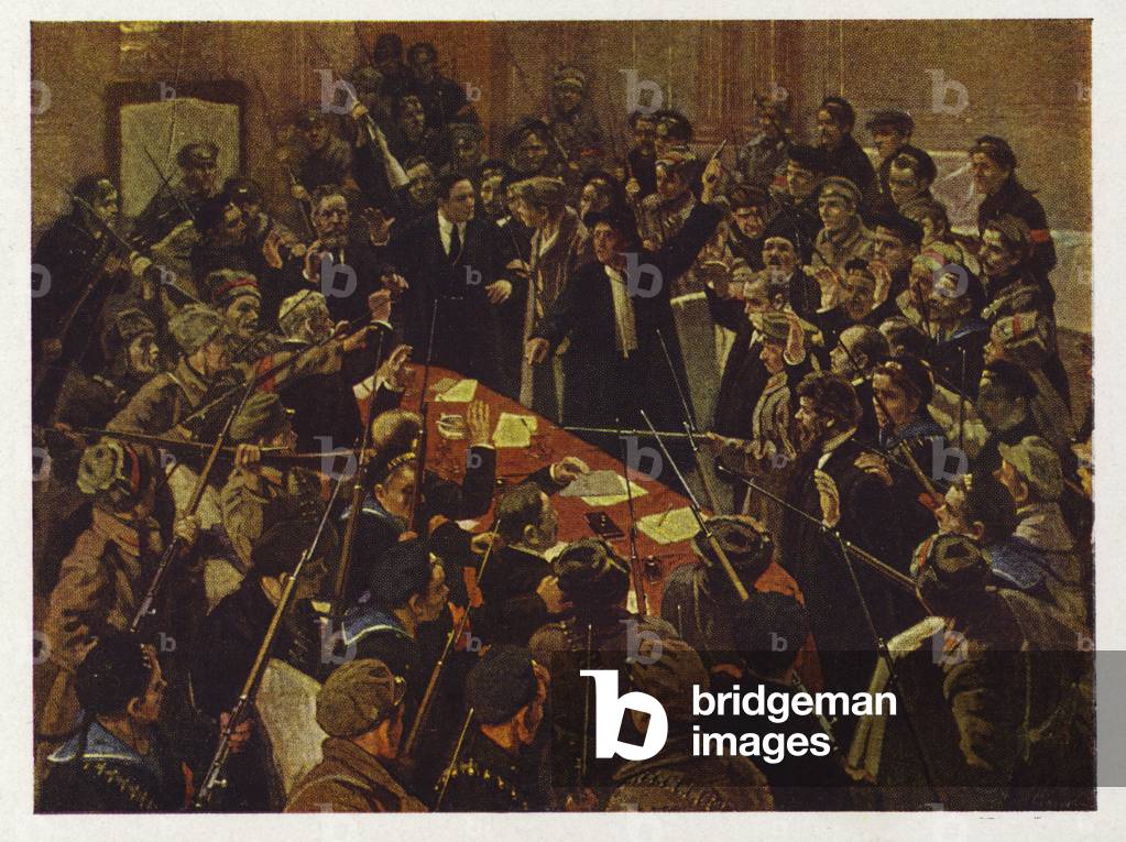 The arrest of the Provisional Government of Russia, Petrograd, Russian Revolution 26 October 1917 (colour litho)