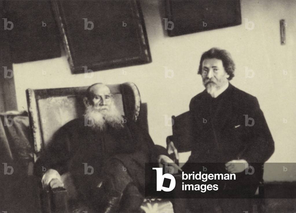 L N Tolstoi and I E Repin, Yasnaya Poliana, 1908 (b/w photo)