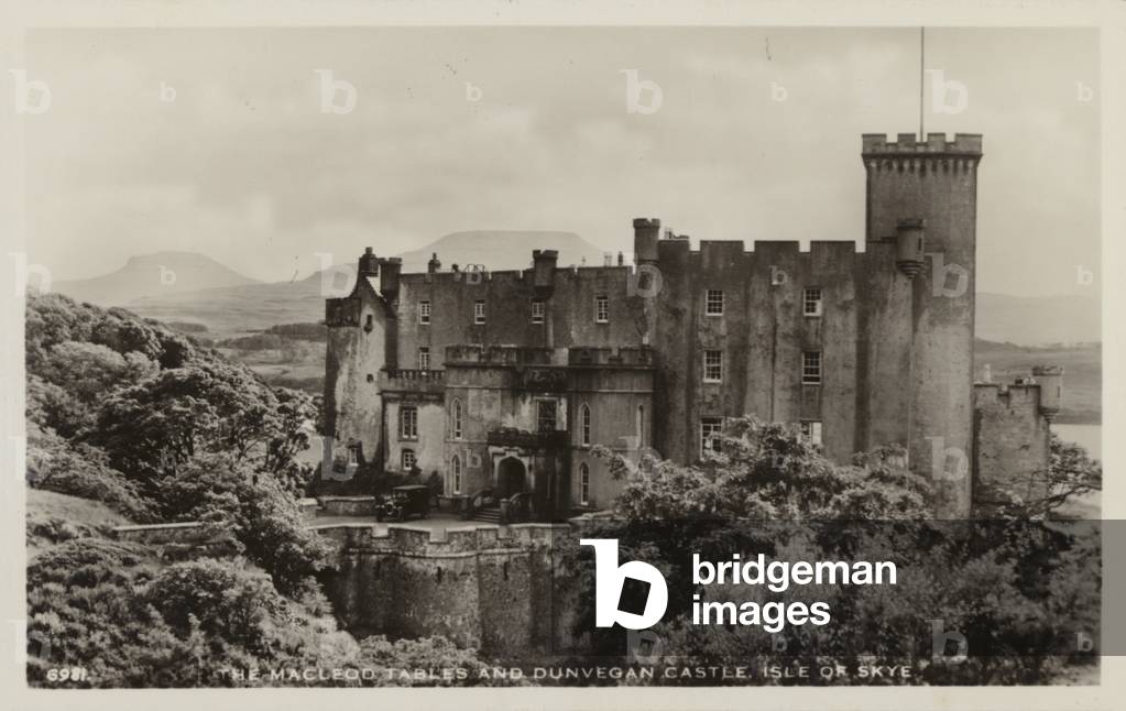 The MacLeod Tables and Dunvegan Castle, Isle of Skye, Scotland (b/w photo)