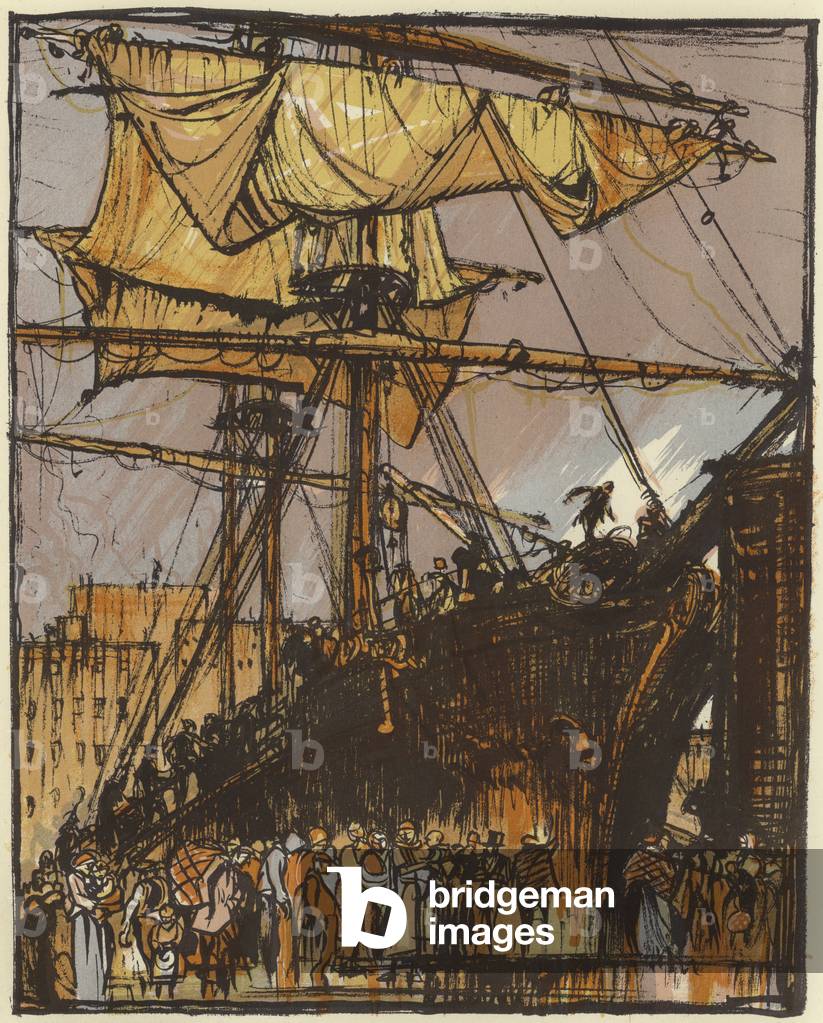 Boarding a British ship bound for the colonies, 1924 (colour litho)