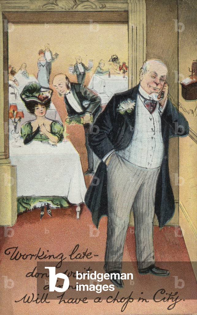 Working late - don't wait dinner. Will have a chop in City (colour litho)