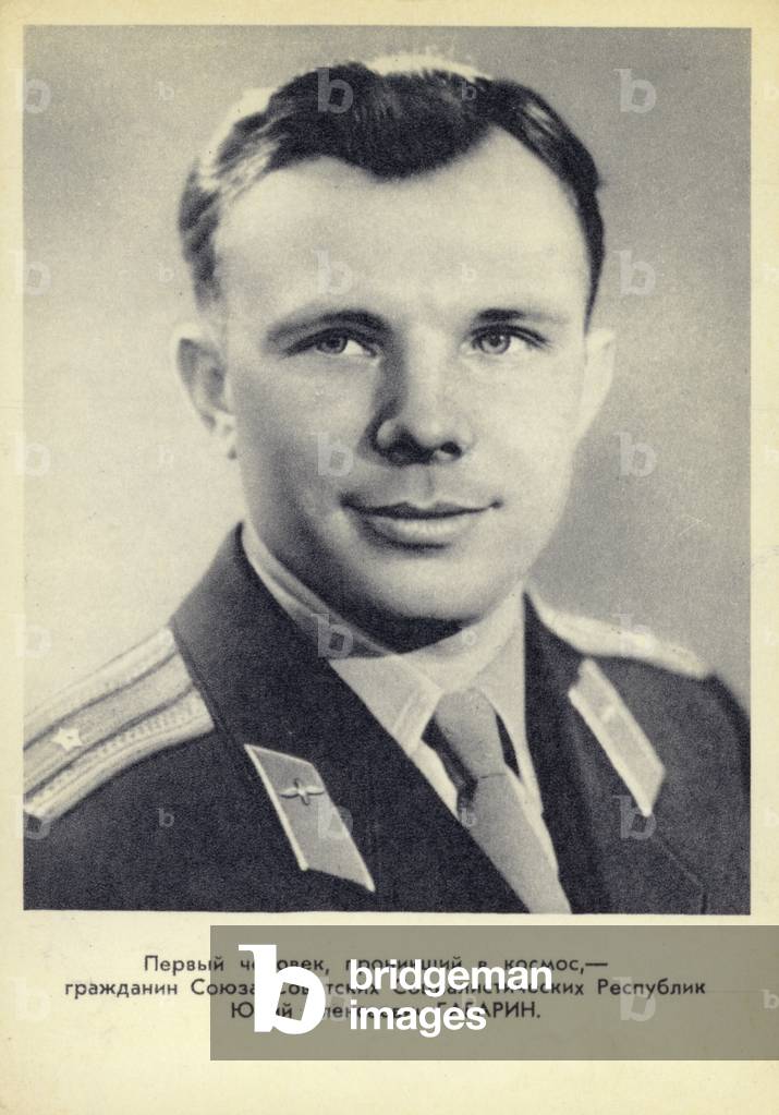 Yuri Gagarin, Soviet cosmonaut and first man in space (b/w photo)