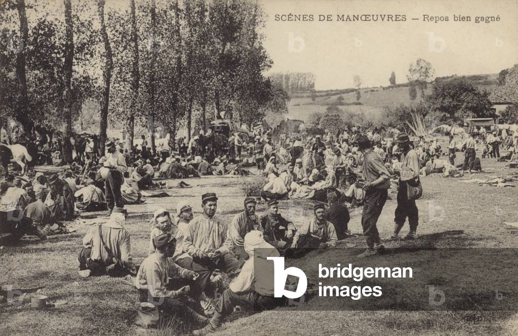 French soldiers enjoying a well-earned rest while on manoeuvres (b/w photo)