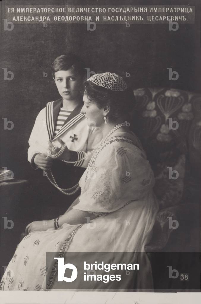 Alexei Nikolaevich Romanov, Tsarevich of Russia, with his mother, Tsarina Alexandra Feodorovna, 1910s (b/w photo)
