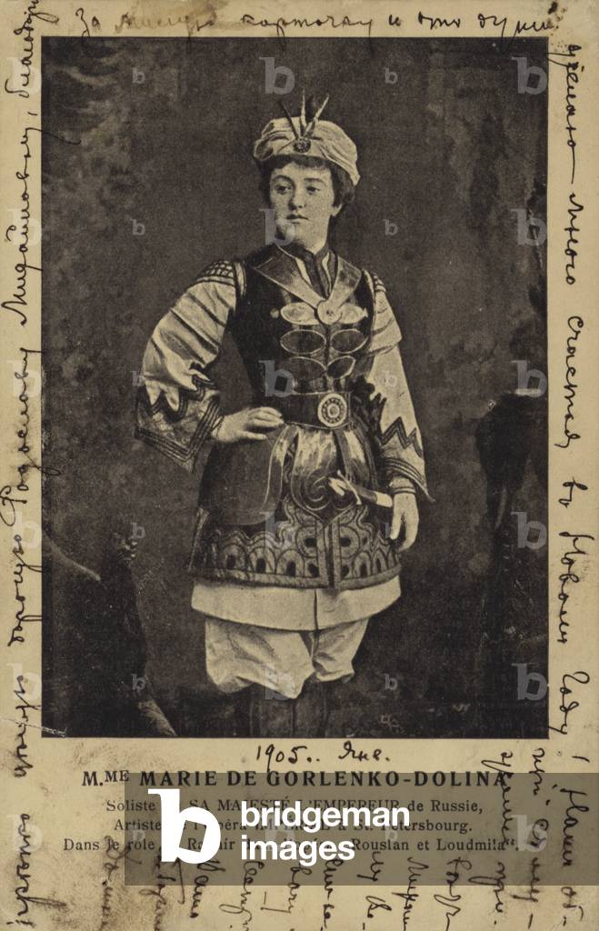 Russian opera singer Maria Gorlenko-Dolina in the role of Ratmir in Mikhail Glinka's opera Ruslan and Lyudmila, c early 1900s. (b/w photo)