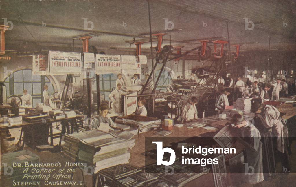 A corner of the printing office, Dr Barnardo's Homes, Stepney Causeway, London (coloured photo)