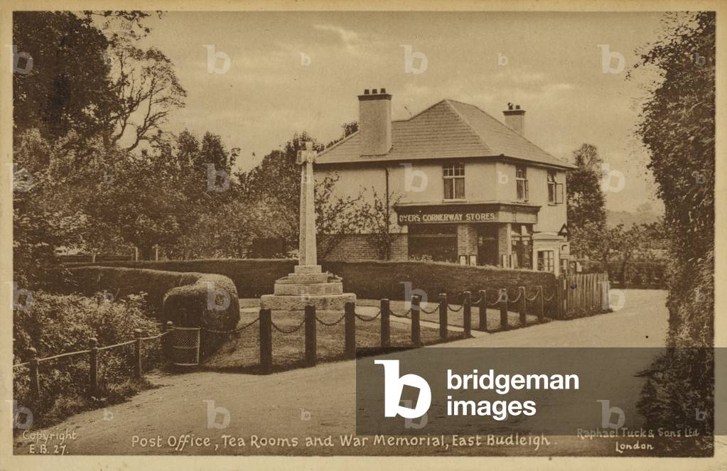 Post Office, Tea Rooms and War Memorial, East Budleigh (b/w photo)
