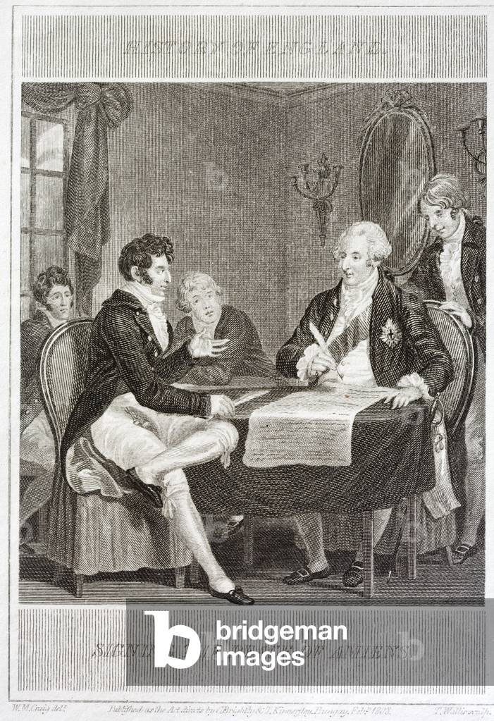 Joseph Bonaparte and Marquess Cornwallis signing the Treaty of Amiens ending the War of the Second Coalition, France, 25 March 1802 (engraving)