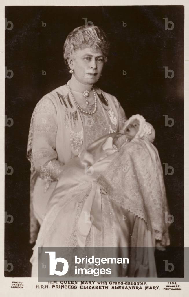 Queen Mary holding her Grand Daughter, Princess Elizabeth Alexandra Mary, 1926 (b/w photo)