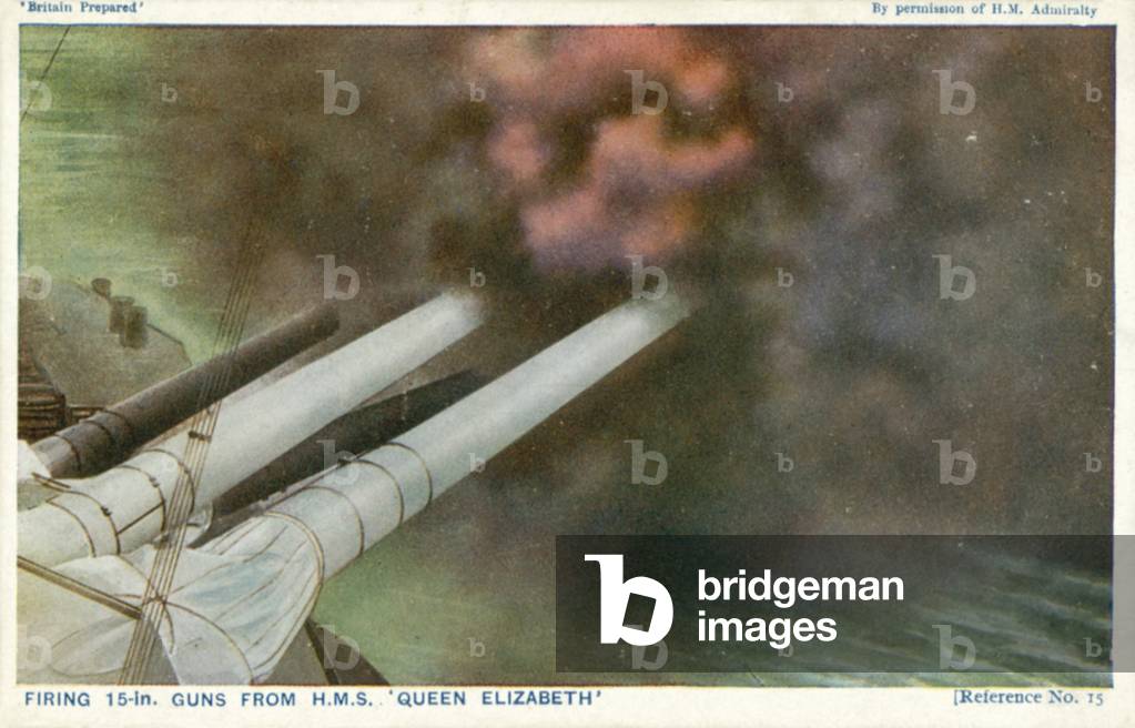 Artillery gun firing on battleship (colour photo)