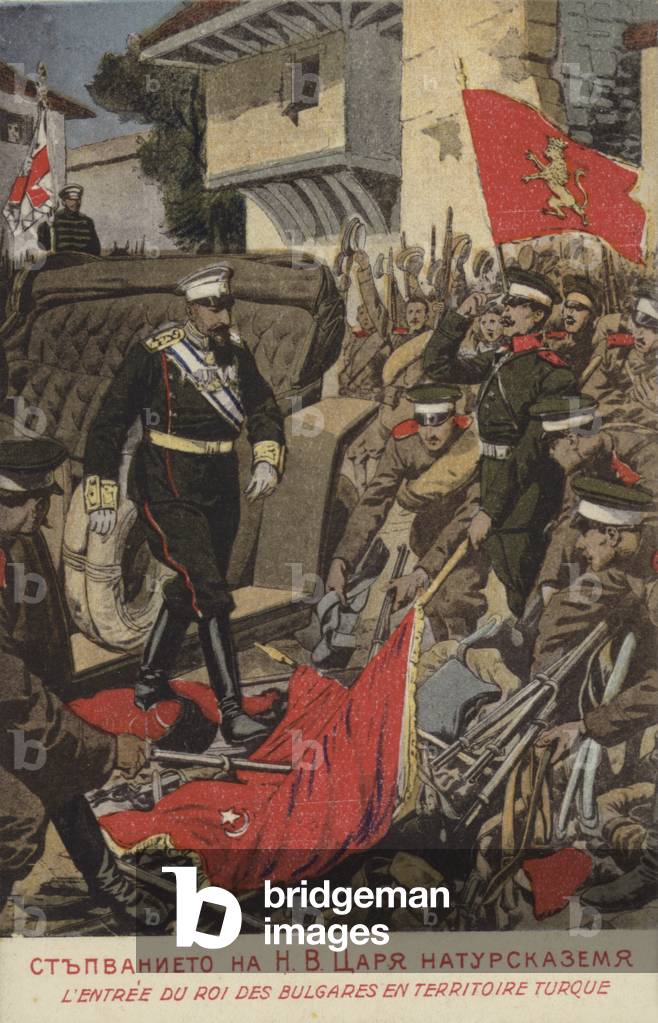 Tsar Ferdinand of Bulgaria sets foot on Turkish soil (colour litho)
