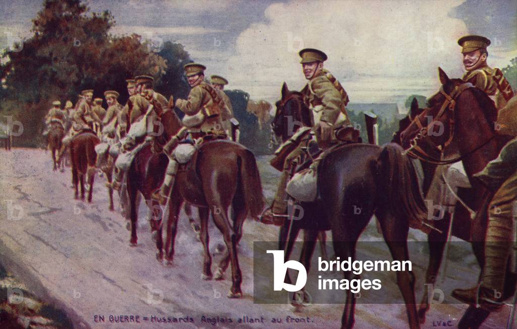 British hussars riding towards the front, World War I (colour litho)