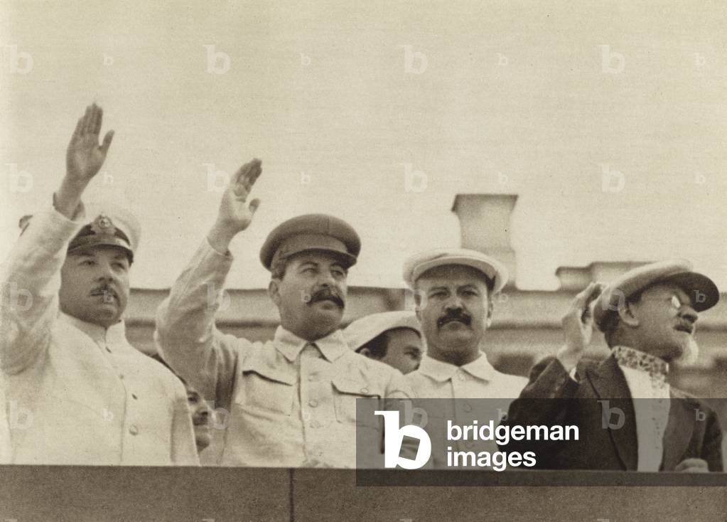 Soviet leaders Joseph Stalin, Kliment Voroshilov, Vyacheslav Molotov and Michail Kalinin at the Soviet physical culture parade in Moscow, 1936 (b/w photo)